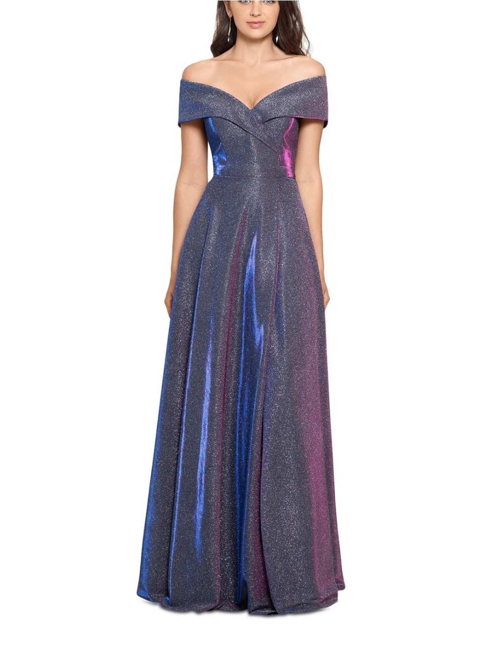 XSCAPE Gunmetal Solid Off Shoulder
Glitter Long Maxi Dress 
Sleeveless 6